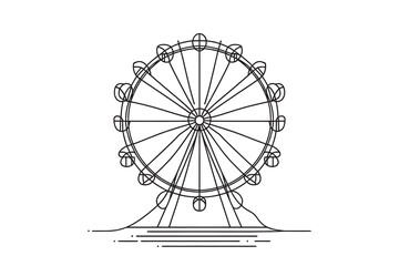 Fototapeta premium Continuous one line drawing of a Ferris wheel, circle spinning high in the sky. A fun game at a festival-fair. Vector graphic illustration of one line drawing