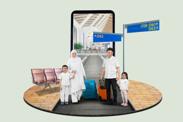 Collage photo of Young happy family and travel suitcases standing in front of big smart phone
