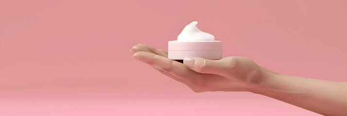 Woman Hand holding an open cosmetic cream container on pink background