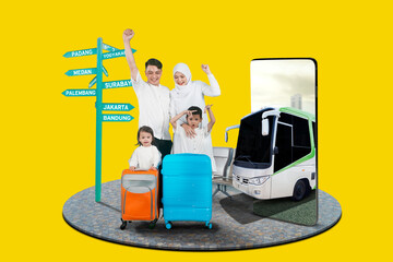Collage photo of Young happy family and travel suitcases standing in front of big smart phone