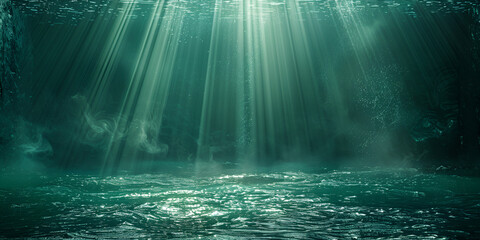 Underwater sea grass ocean with rays of light blurred background 3D-Rendering - obrazy, fototapety, plakaty