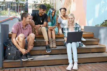 Campus steps, friends and laptop at university for learning, research or brainstorming group assignment. Computer, education or students with diversity, teamwork or collaboration for college homework