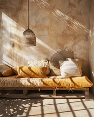 Provencal bed or sofa with cushons, light and shadows from a window, earth and ochra colors, boho style - 780484664