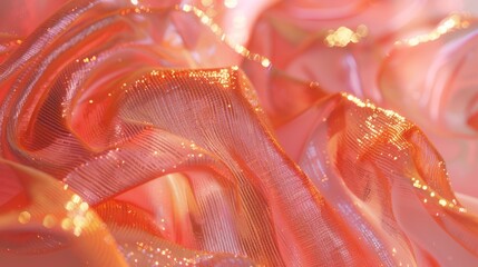 Light pink or coral color with bright gold reflections, hologram, flowing fabrics, sparkling water reflections background - obrazy, fototapety, plakaty