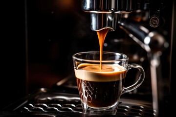 A Preparation of espresso coffee by using coffee machine. Espresso pouring from coffee machine. Close-up of espresso pouring from coffee machine. Professional coffee brewing.