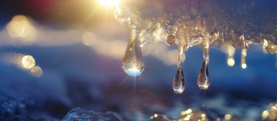 Water droplet falls from clear icicle shining in sunlight. Stunning ice formations made by freezing trickling water. Nature's beautiful winter creations. - obrazy, fototapety, plakaty