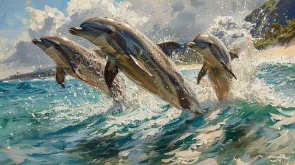A spotted dolphin family leaping out of the clear blue Hawaii waters.