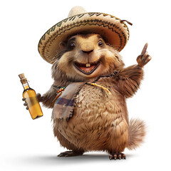 A joyful groundhog holds a drink in one paw while pointing upward with the other, radiating positivity and excitement. 