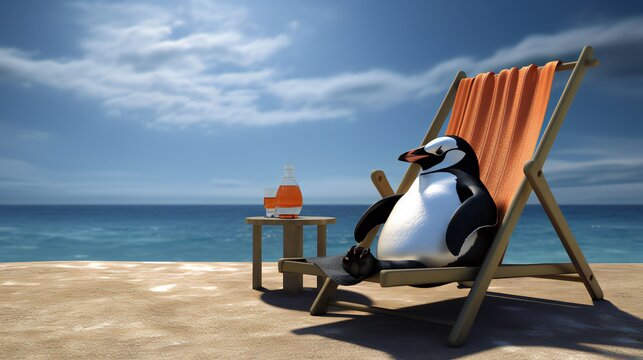3D Penguin unwinds with a refreshing drink in his deck chair. .