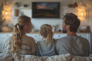 Family shares leisure time at home, watching TV on the couch