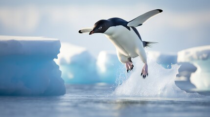 An adelie penguin leaps between two floes of ice. .