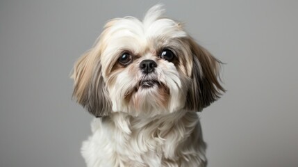 Close-up portrait of a cute Shih Tzu dog with a fluffy face and attentive eyes in a studio setting