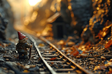 The gnome goes to the mine along the railway track. Mining concept. Generative AI