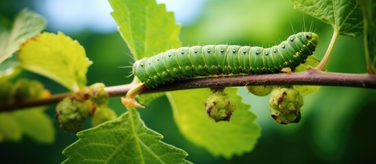Fototapeta premium Blurred green background with a caterpillar hanging on a vine, a common fruit-piercing moth in its natural habitat.
