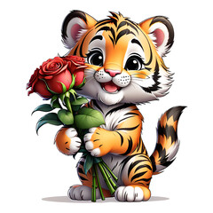 Cute tiger with roses. Funny cartoon character isolated on transparent background. A little tiger congratulates on the holiday and gives a bouquet of roses.