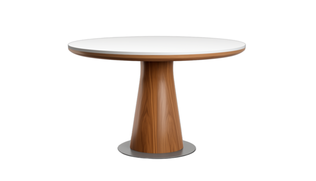 Round wooden table with a white top isolated on a white background 3D rendering of a modern minimalistic table for the kitchen dining room office cafe