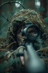 Naklejka na ściany i meble Sniper in action in a dense forest, camouflaged, aiming through the scope, tension in the airclean sharp focus
