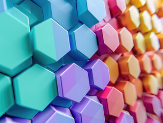 Hexagon futuristic background, 3D render clay style, Abstract geometric shape theme, colorful