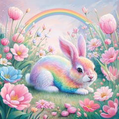 A rainbow rabbit sitting peacefully in a beautiful flower garden