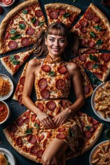 A smiling woman in a pizza dress