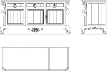 Sketch vector illustration design drawing of traditional ethnic antique classic vintage teak wood cupboard furniture accessories