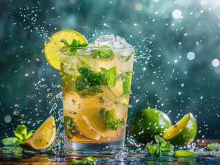 Professional bartender making Mojito cocktail and splashing it out