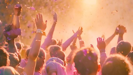 Festival crowd celebrating with colorful confetti. Joy and festivity.