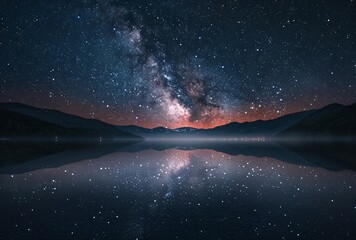 a lake with stars and mountains in the background
