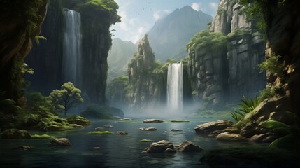  A majestic waterfall cascading down rugged cliffs into a pool below, framed by lush vegetation - obrazy, fototapety, plakaty