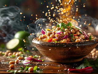 Naklejka premium Traditional mexican food. Red pozole soup with chicken accompanied with avocado, lettuce, onion, radish, lemon, chili and crispy corn tortillas also known as tostadas on a wooden background.
