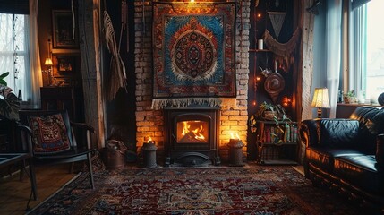 Fireplace Tapestry Polyester Boho Hippie Tapestry Wall - obrazy, fototapety, plakaty
