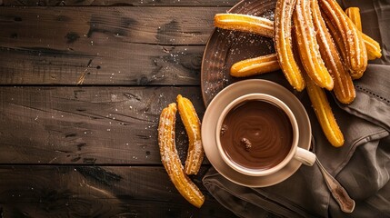 Gourmet Spanish churros served with hot chocolate top view