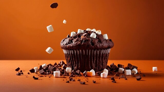 Tasty delicious chocolate muffin cupcake with chocolate chips and marshmallows on orange background. Beautiful food meal photography illustration wallpaper concept.