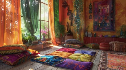 Hippie Decor Set Floor Seating Area Meditation Space Colorful Interior Design Boho Curtains