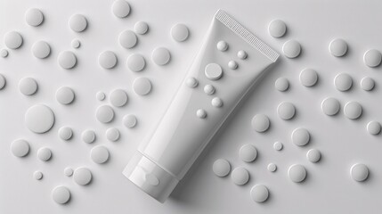 a white tube of cream and many round white objects