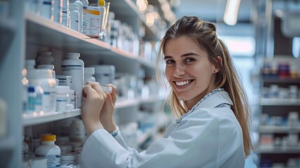Smiling pharmacist woman verifying medication stock on a shelving in a pharmacy