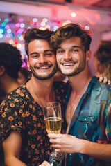 Two happy gay men couple enjoying at a night party and drinking champagne