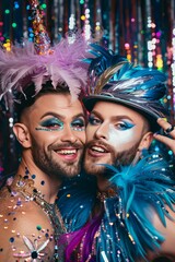 Two attractive drag queen men posing cheerful at a gay party in a nightclub