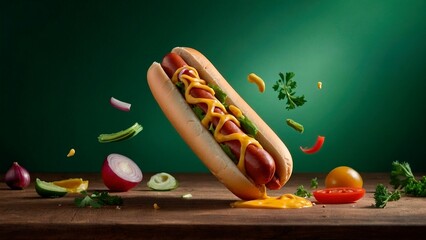 Tasty delicious hot dog sausage with mustard, onion, salad, cheese and peppers on green background. Beautiful food meal photography illustration wallpaper concept.