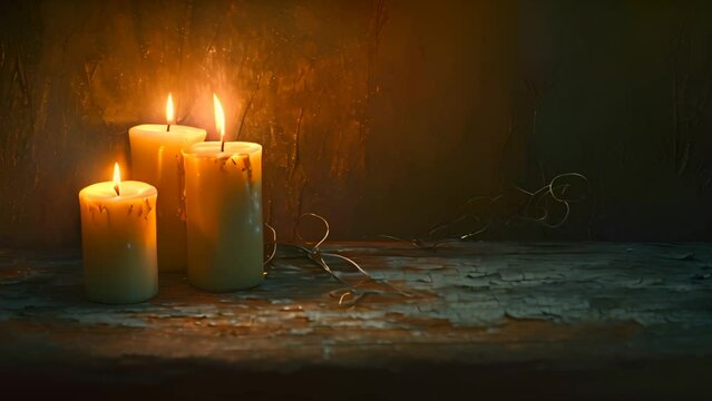 Three lit candles on rustic wooden surface with warm glow. Atmospheric lighting.