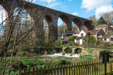 Typical English Countryside Town - Pensford in Bristol England with river and viaduct