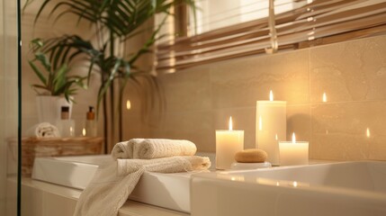 Cozy Bathroom Ambiance with Candles, Towels, and Houseplant