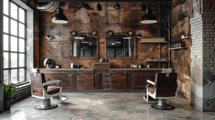 Fotobehang  Vintage Barbershop Interior with Industrial Rustic Decor and Leather Barber Chairs © Karina