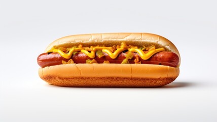 Hot dog with mustard and relish in a soft bun.