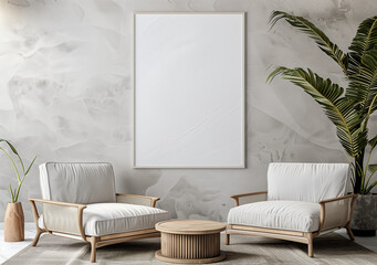 Contemporary Minimalism: Mock-up Poster Frame in Modern Living Room Interior - 3D Render & Illustration