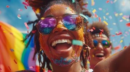 Group of friends on lgtbi pride day partying with rainbow colours and fun
