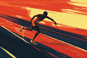 Athletes at summer Olympic games, colorful illustration. Professional runner running sprint at track, sports championship.  - obrazy, fototapety, plakaty