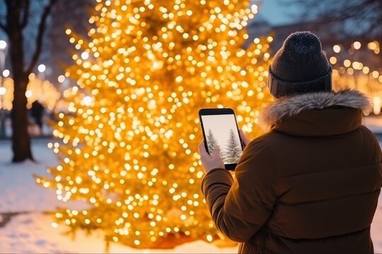 Young man takes pictures of Christmas decorations on phone to upload to social media. Guy takes photos of brightly decorated Christmas trees with garlands on modern phone on winter street.