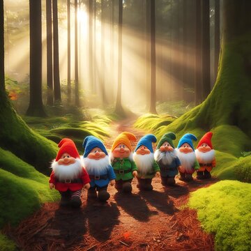 Sieben Zwerge stehen im Wald im Sonnenlicht