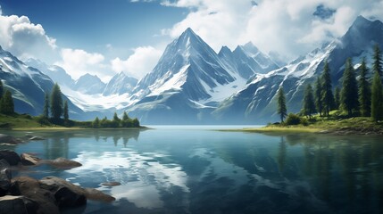  A serene lake surrounded by towering mountains reflected in crystal-clear waters.